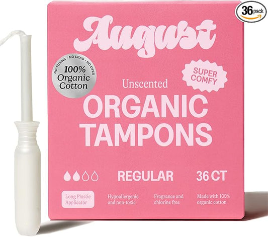 August Regular Tampons - Easy-Glide Long Applicators - 36-Pack 100% Organic Cotton Tampons for Women, Non-Toxic, Fragrance-Free, and Hypoallergenic