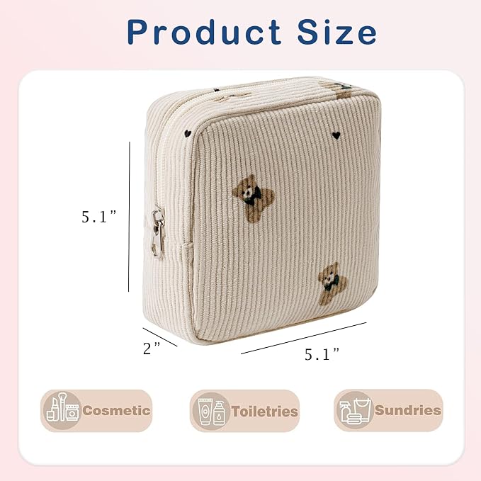 uekeboag 2Pcs Cute Small Soft Corduroy Zipper Makeup Bag for Purse, Coquette Aesthetic Pouch with Bear Pattern for Women Girls, Kawaii Travel Cosmetic Bags（Taupe Set）