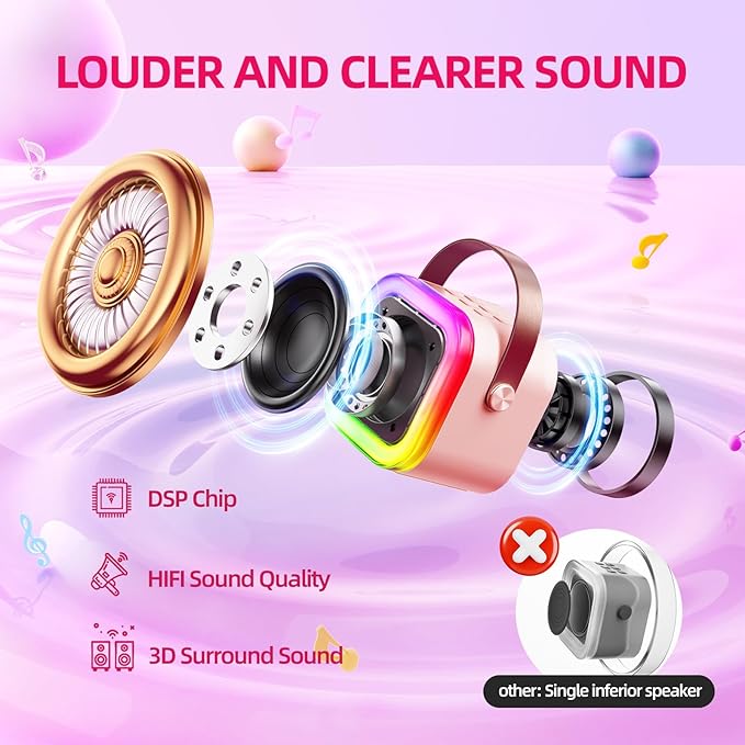 Kinglucky Mini Karaoke Machine for Kids, Top Birthday Gift Pick for Girls Ages 3, 4, 5, 6, 7, 8, 9, 10, 11, 12 Years Old, Kids' Personal Video Players Accessories with 2 Mics & Fun Voice Effects, Pink