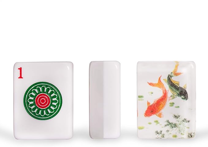 Yellow Mountain Imports American Mahjong Set, Koi Fish with Wooden Case - Four Wooden Racks, Acrylic Pushers, Wright Patterson Scoring Coins, Dice, & Wind Indicator