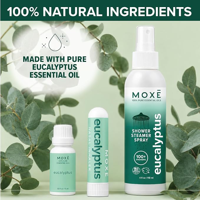 MOXĒ Eucalyptus Aromatherapy Gift Set, Essential Oil, Shower Steamer Spray, Portable Nasal Inhalers, Diffuser Essential Oil, Sinus & Congestion Relief, Therapeutic Grade, Made in USA