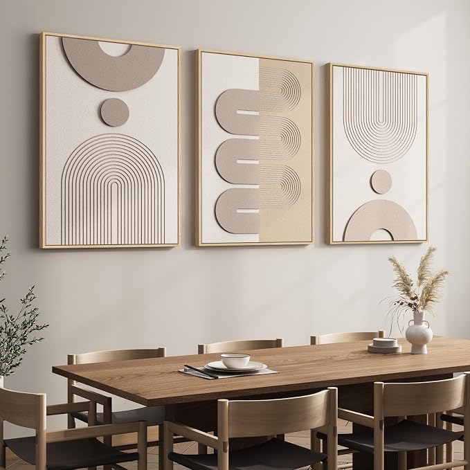 Large 3D Textured Framed Neutral Abstract Wall Art for Living Room, 3 Piece | Solid wood frame, sandstone texture painting, curved line detail and beige tone, ready to hang, wall decor for bedroom office