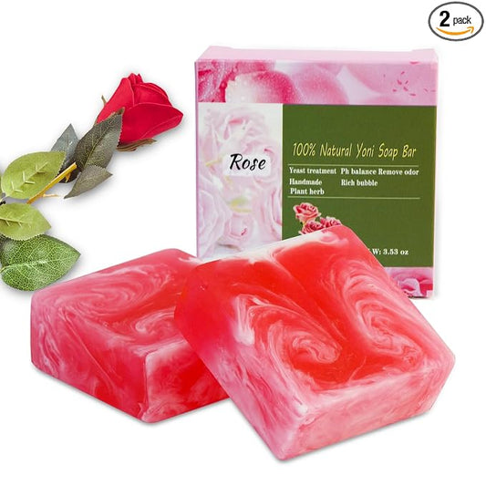 2 PCS Yoni Soap Bars for Women, 100% Handmade Natural PH Balanced & V Cleansing Soap for Women, All Natural Odor Remover with Bubble Foam Net, Yoni Wash Away Odor Deodorant 3.53oz/100g (pink)
