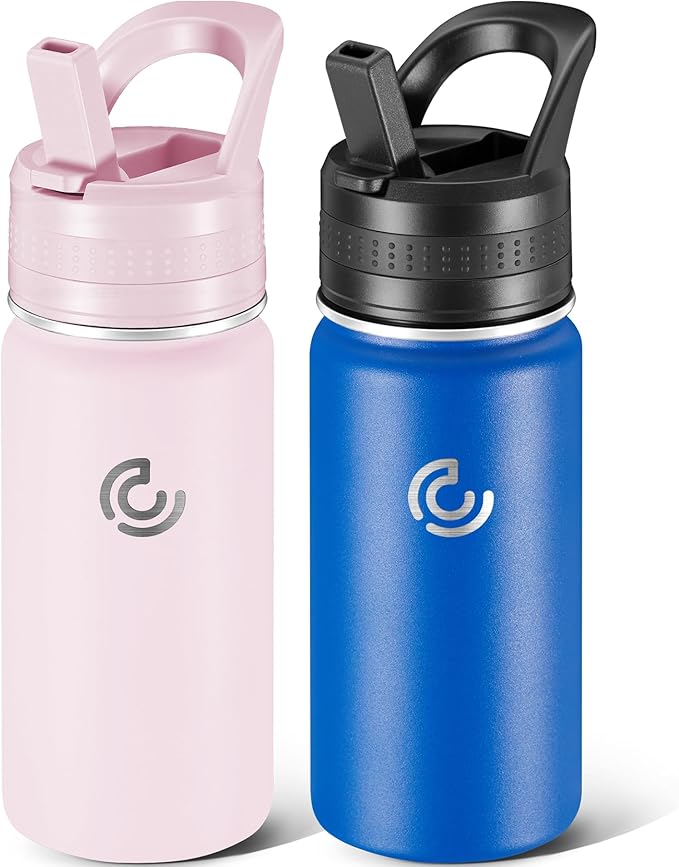2 Pack Kids Water Bottle,14oz Stainless Steel Insulated Water Tumbler Leak-Proof,School Water Mug,Small and Portable,Suitable for Boys and Girls to Use(Pink + Blue)