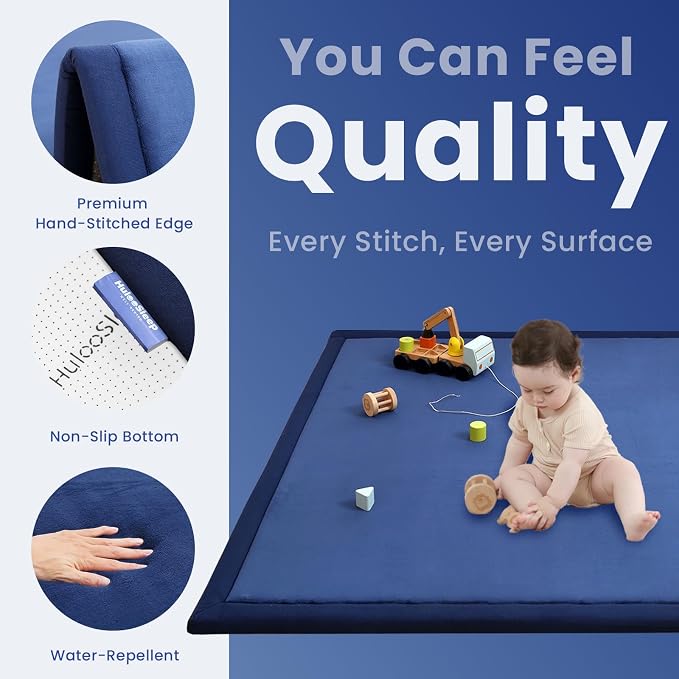 Large 79"x110" Baby Activity Play Mat for Floor,1.3" Thick Elasti Foam Cushion Mat for Tummy Time & Crawling,Non-Slip&Safe for Infants,Toddlers & Kids, for Living Room,Classroom & Playroom（Dark Blue)