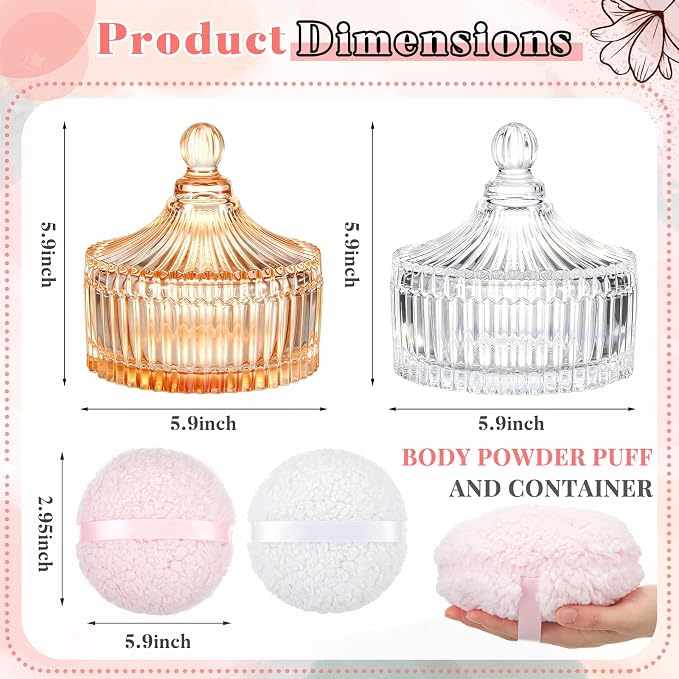 Tioncy 2 Set Vintage Glass Vanity Jar with Powder Puff, Decorative Crystal Powder Container for Bathroom Counter & Feminine Vanity Decor, Gift for Women(Classic,Amber and Clear)