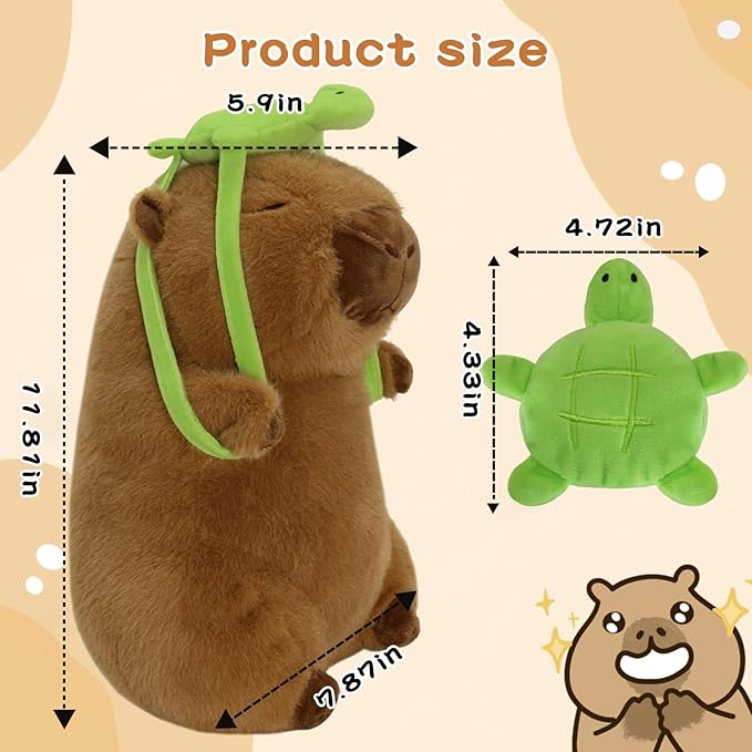 12 inch Cute Capybara Stuffed Animal with Turtle Backpack - Companion to Relieve Emotions - Skin-Friendly Material - Soft Kawaii Plush Pillow for Birthday Gift for Kids Boys Girls
