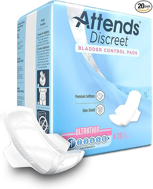 Attends Discreet Bladder Control Pad, 9 Inch Length Light Absorbency Polymer One Size Fits Most Female Disposable, ADPTHIN - Pack of 20