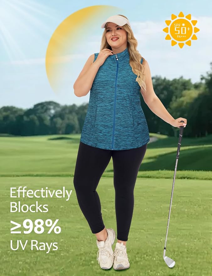 Misyula Style Plus Size Womens Golf Shirt Full-Zip with Pockets Tank Tops | Sleeveless, Quick Dry, Moisture-wicking, Lightweight Vests, Athletic, Tennis, Running, Workout, Casual, Travel, Work