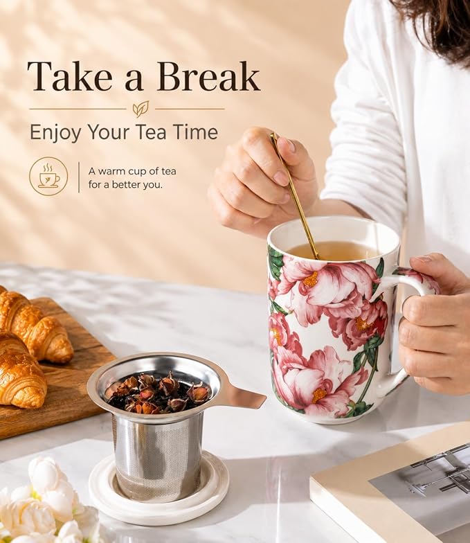 AmorArc Porcelain Tea Mug with Infuser and Lids, 18 Oz Coffee Cup Strainer with Bag Holder for Loose Leaf Tea, Steeping Coffee Mug for House-warming Wedding Birthday Gift