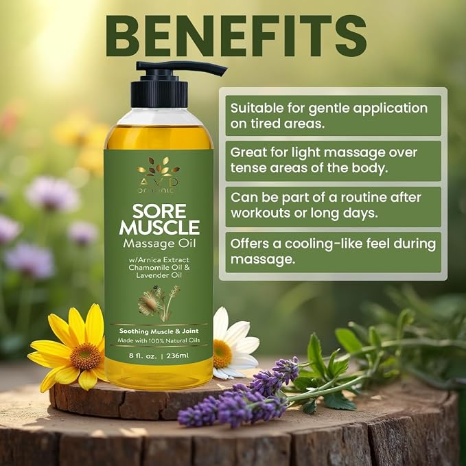 AVD Organics Sore Muscle Massage Oil 236 ml | Massage Therapy | Natural Oil with Lavender and Chamomile Essential Oils | Multipurpose Instant Absorption Full Body Massage Oil | 8 fl. oz