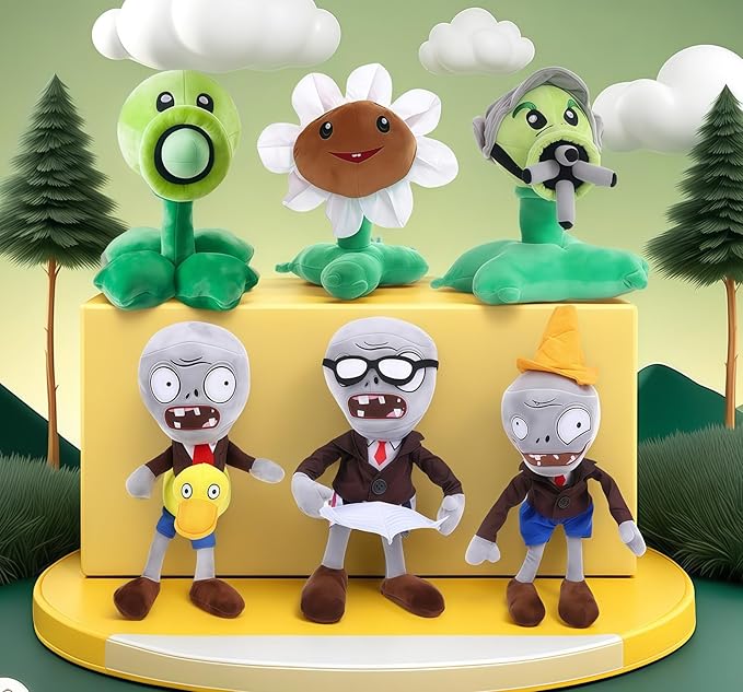 JHESAO 6 PCS Plants and Zombies Plush Sets Toy Peashooter, 1 2 Stuffed Soft Green Gatling Peashooter Doll Conehead Zombies, Nespaper Zombie PVZ Plush Figure Duck Zombie Doll New