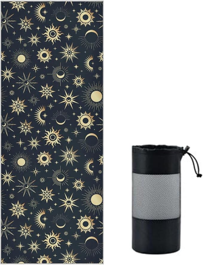 Non Slip Yoga Towel 73 x 27 in Gold Sun Moon Stars Sweat Absorbent Yoga Mat Towel for Hot Yoga, Pilates and Workout
