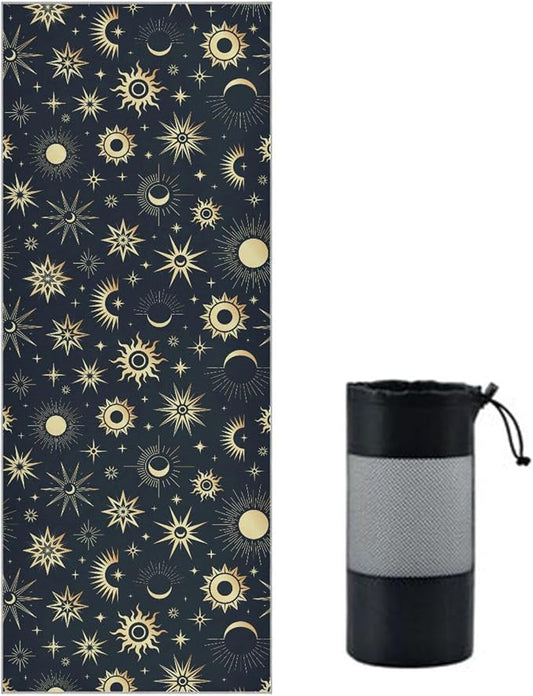 Non Slip Yoga Towel 73 x 27 in Gold Sun Moon Stars Sweat Absorbent Yoga Mat Towel for Hot Yoga, Pilates and Workout