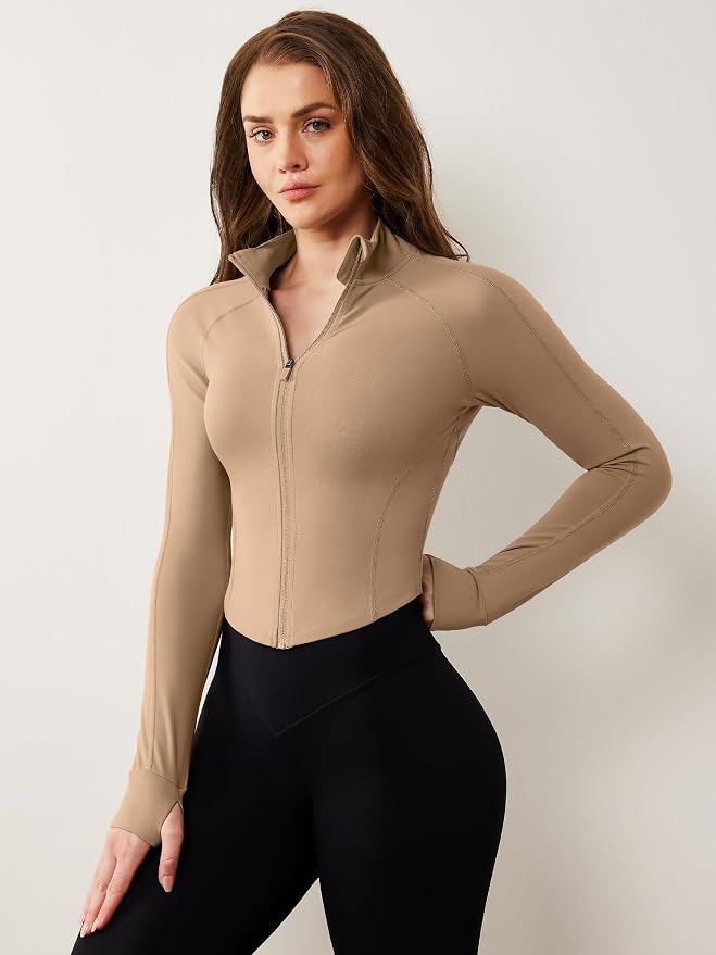 AVGO Women's Workout Jacket Lightweight Zip Up Cropped Yoga Jackets Slim Fit Athletic Tops with Thumb Holes