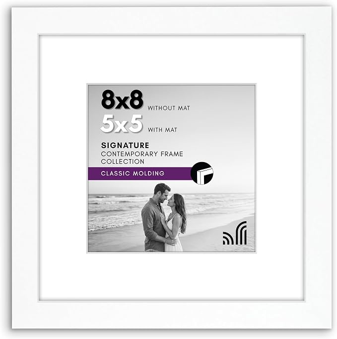 Americanflat 8x8 Picture Frame - Matted to 5x5 - Engineered Wood - White | Shatter-resistant glass, wall or tabletop display with included easel, sawtooth hangers included, use with or without mat