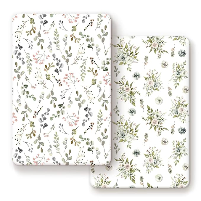 GRSSDER Stretchy Ultra Soft Jersey Knit Fitted Pack n Play Sheets Set 2 Pack， Portable Pack and Play/Mini Cribs Sheets for Girls，Stylish Watercolor Rose and Flora