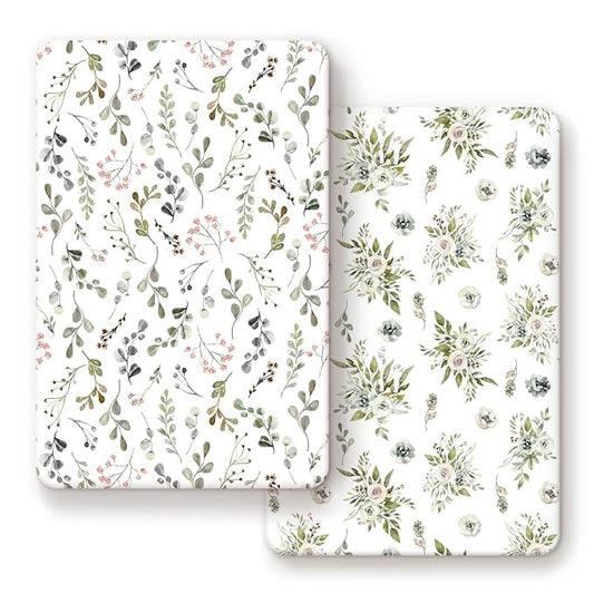 GRSSDER Stretchy Ultra Soft Jersey Knit Fitted Pack n Play Sheets Set 2 Pack， Portable Pack and Play/Mini Cribs Sheets for Girls，Stylish Watercolor Rose and Flora