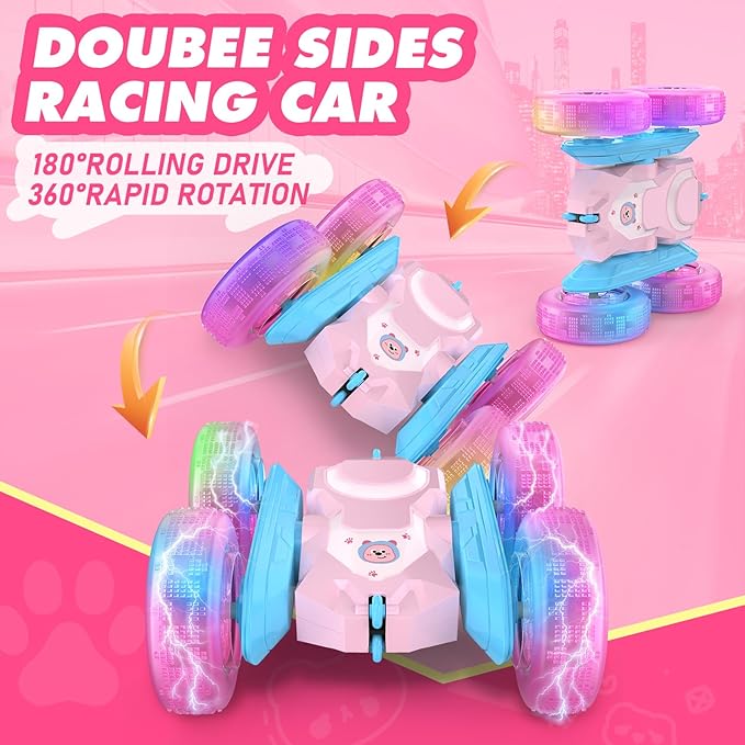 NQD Pink Remote Control Car for Girls, 360° Spin Flip RC Stunt Car with Flashing Wheel Lights 2 Batteries, Double Sided 4WD Off-Road RC Toy Gift for Girls Xmas Birthday