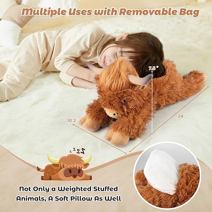24" & 4.5 lbs Highland Cow Weighted Stuffed Animal, Adjustable Sitting & Laying Plush Toy Pillows with Removable Ceramsite Bag for Companion, Cuddly & Soft Gifts for Adults, Kids, Boys and Girls