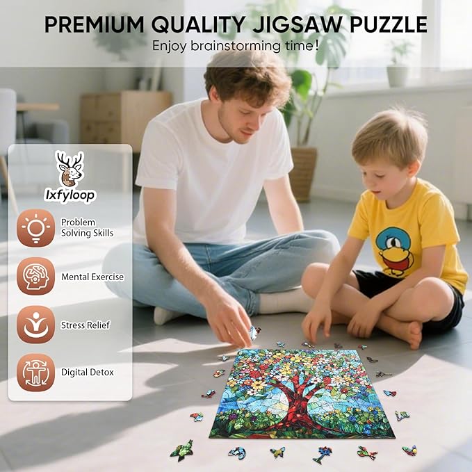 Ixfyloop Stained Glass Wooden Puzzles for Adults, Tree of Life Jigsaw Puzzles, Colorful Flower Adults Puzzles 500 Pieces, Best Festival Gifts for Family Game, 15.9x15.9 inch