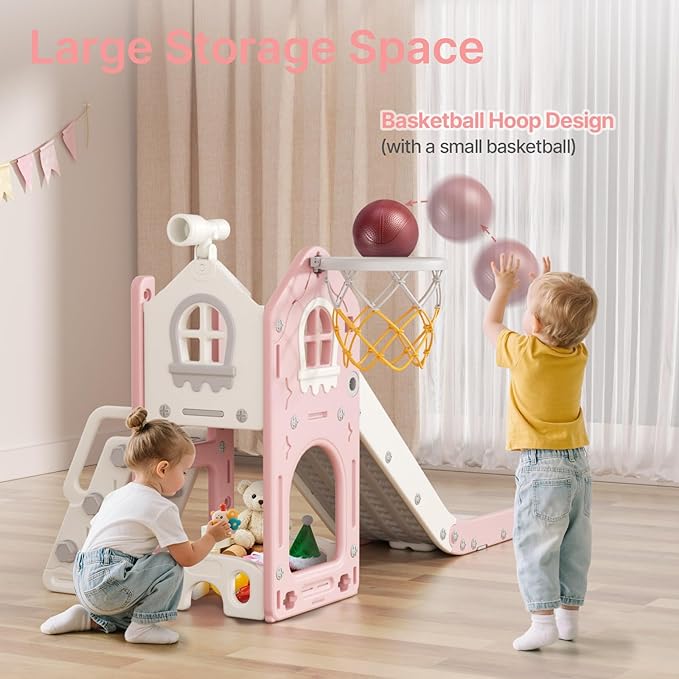 BIERUM 6 in 1 Toddler Slide - L-Shaped Baby Slide for Toddlers Aged 1-3 with Basketball Hoop, Telescope Toy and Anti-Slip Pads, Indoor Outdoor Toddler Playset, Pink Gray