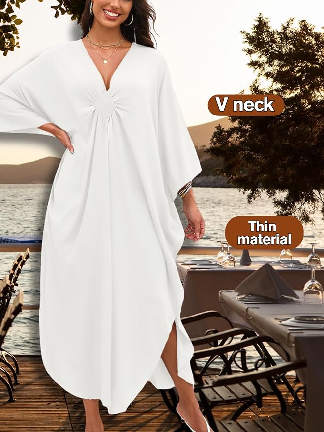 ChiaoLezhee Print Moo-Moos for Women, Kaftan Cover-Up Dresses, Sexy V-Neck High-Slit, Beach Pool-Party Coverups Muumuu Plus