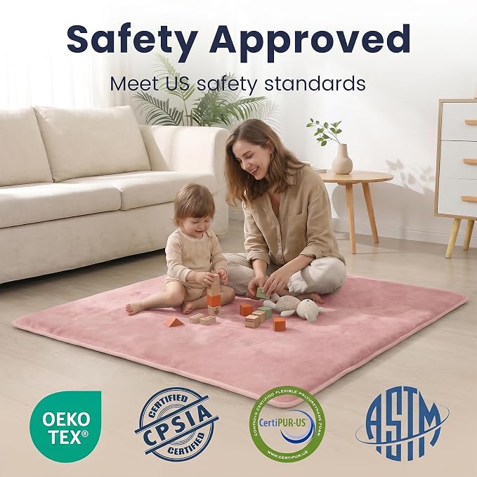 Huloo Sleep Baby Play Mat for Floor,1.3" Thick Elasti-Foam 50"×50" Playpen Mat for Tummy Time,Water Repellent Soft Coral Velvet for Toddler,Infant,Kids,Non-Slip Backing Safe for Crawling(Pink)