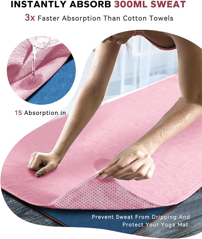 HAPBEAR 2 Pack Hot Yoga Towel with Non-Slip Grip Dots, 72" x 24" - Super Absorbent, Soft Microfiber Yoga Mat Towel for Bikram, Gym, Pilates - Pink