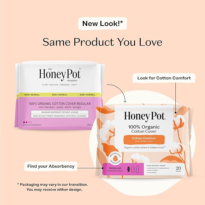 The Honey Pot Company - Sanitary Pads for Women - Non-Herbal Regular Flow w/Wings - Organic Cotton Cover & Ultra-Absorbent Pulp Core - Feminine Care - 20 ct