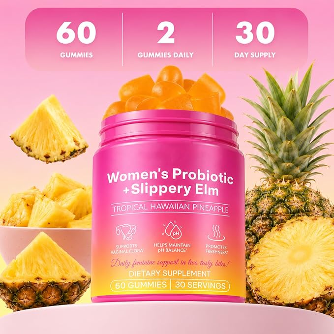 Feminine Probiotics Gummies,With Slippery Elm & Prebiotic Fiber,Probiotic Health Support,PH Balance Gummies for Women,Promotion of Womens Health,Natural Pineapple Flavor,Vegan,Gluten-Free,60 Count