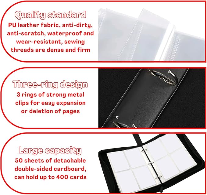 Card Binder with 4 Pockets with Zipper for 50 Pages, 400 Removable Pocket PU Waterproof Trading Collection Binder, 3 Rings Zipper Portable Card Album for MTG TCG Sports Cards Game Cards as Gift, Red