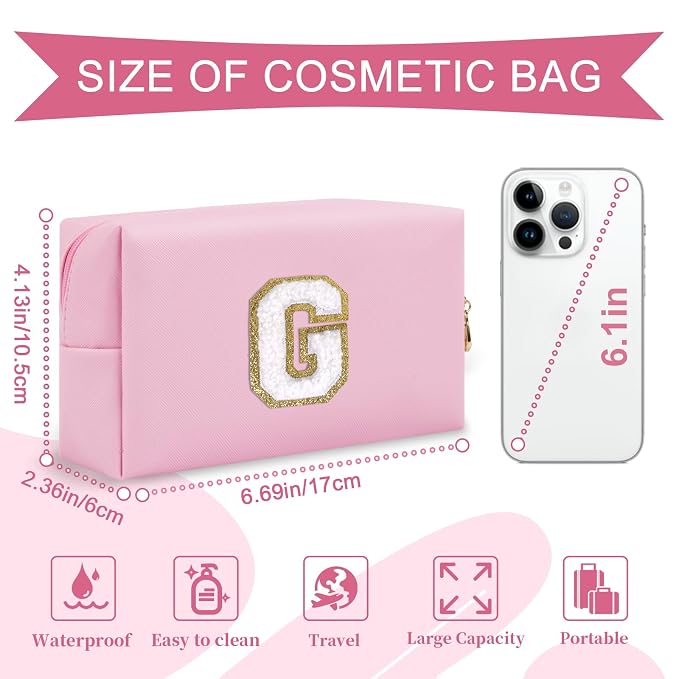 Personalized Initial A-Z Preppy Patch Makeup Bag,Small PU Chenille Letter Cosmetic Bag with Zipper for Teen Girls,Pink Cute Toiletry Organizer Bag,Monogram Makeup Case Gift for Women Girls,Letter G