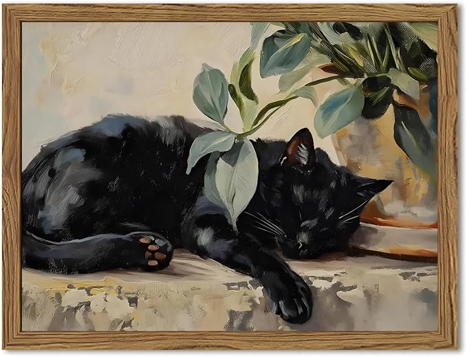Framed Black Cat Canvas Wall Art, Vintage Sleeping Cat with Plant Picture Wall Decor Paintings, Cute Animal Poster Prints Rustic Aesthetic Home Decor for Living room Bedroom Bathroom 8x10 inch