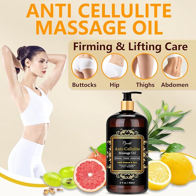 Pjordo Anti Cellulite Massage Oil for Massage Therapy, 100% Natural & Pure Body Firming Oil for Reducing Cellulite, Firming & Moisturizing Skin, Fast Absorbing, Cellulite Remover for Leg & All Body