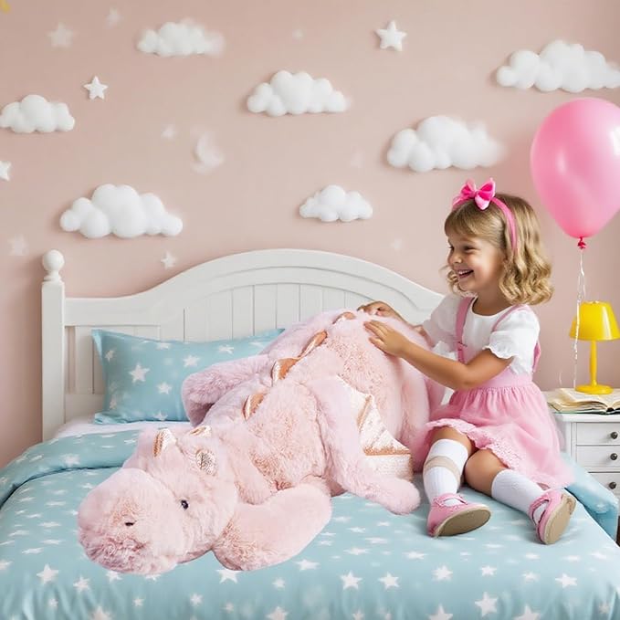 ARELUX Giant 52in 3Lb Big Pink Dragon Large Stuffed Animals Cute Plush Toy Fuzzy Jumbo Dinosaur Pillow Plushies with Wings Cuddly Soft Green Pterosaur Plushie for Friends Family Member