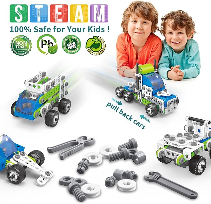 STEM Building Toys for Kids Ages 4-8, 175 Pcs Educational Construction Kit, Building Blocks Set, 18 in 1 Creative Engineering Pull Back Cars, Birthday Gift for Boys & Girls 4 5 6 7 8 9 10 Year Old