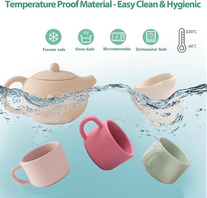 Silicone Tea Set for Toddlers Aged 0+ Months,Real or Play Tea Party Set for Kids,Non-Toxic Baby Kitchen Toys,Cute Morandi Children Gift Suitable for Little Girl Boy(with Washable Cloth Napkin)