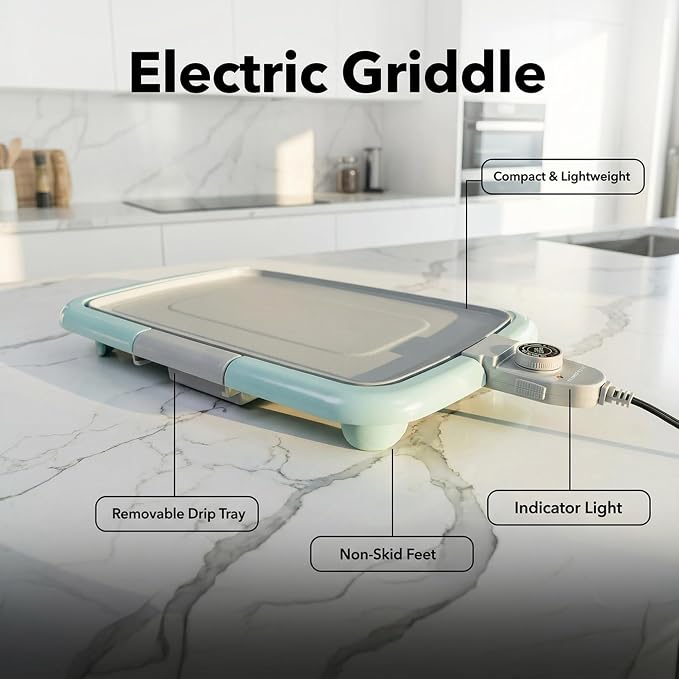 OVENTE Electric Griddle with 16 x 10 Inch Non-Stick Plate, Blue GD1610LBL | Removable and Adjustable Temperature Control, Indoor Grill perfect for Instant Breakfast, Pancakes, Eggs or Burgers