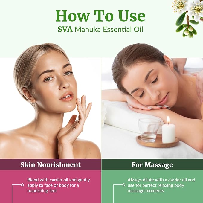 SVA Manuka Essential Oil 1 Fl Oz – for Diffuser, Skin & Hair Care – Ideal for Massage & DIY Blends – with Dropper