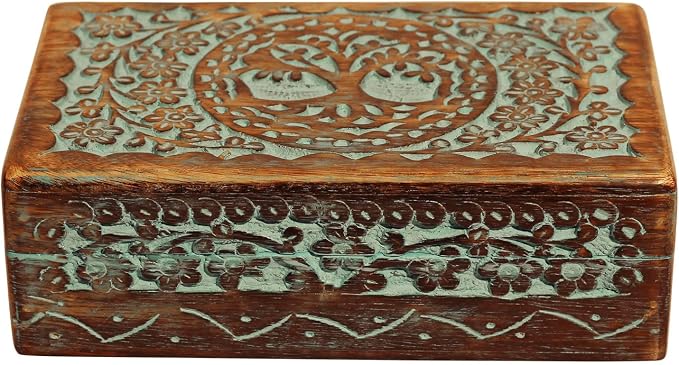 ETROVES Carved Wooden Box - Decorative Memory Storage Wood Case Single Compartment for Women and Men Jewelry - Vintage Trinket Box, 8 Inch, Turquoise