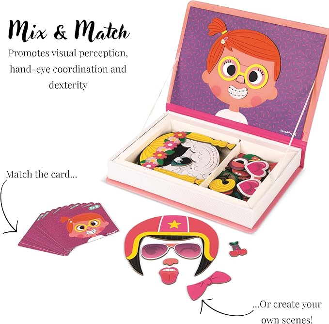 Janod MagnetiBook 66 pc Magnetic Girl Crazy Face Dress Up Game - Ages 3+ J02717