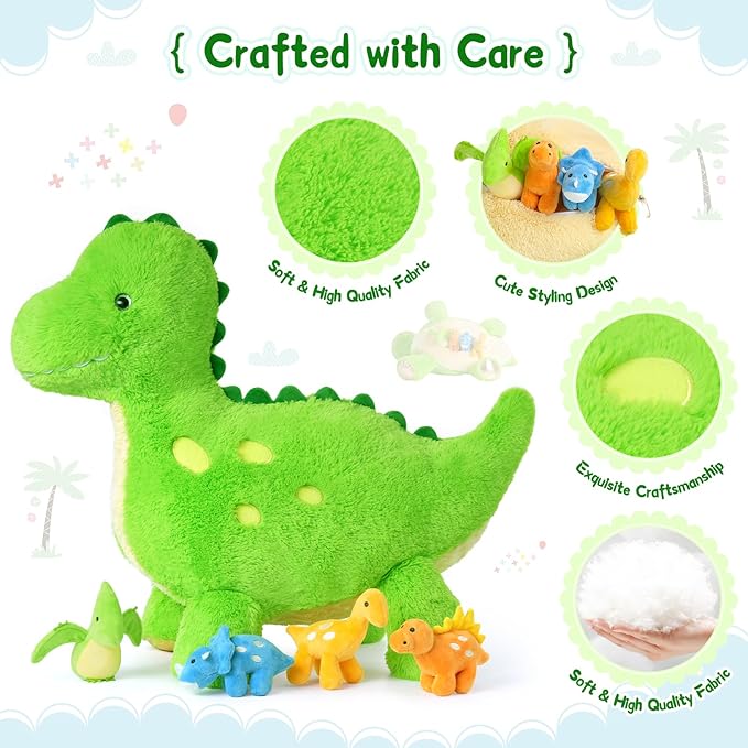 Tezituor Cute Dinosaur Stuffed Animal with 4 Baby,Dinosaurs Plush Toys,Large Dino for Girls Boys Kids (Dinosaur with 4 Babies)