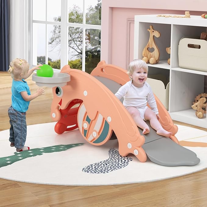 HONEY JOY Toddler Slide Rocking Toy, 4 in 1 Convertible Freestanding Slide for Kids w/Basketball Hoop, Rocking Horse, Foldable Baby Climber Playground Slide for Indoors Outdoors Boys Girls, Pink
