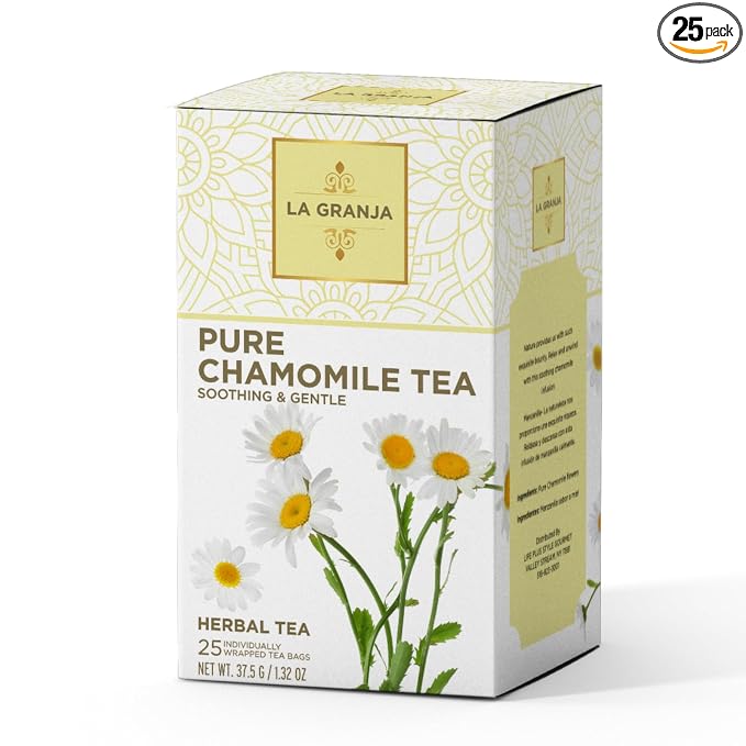 Life Plus Style Gourmet La Granja Pure Chamomile Herbal Tea 25 Individually Wrapped Tea Bags Caffeine Free Natural Bedtime Tea Herbal Infusion Gift for Women & Tea Lovers