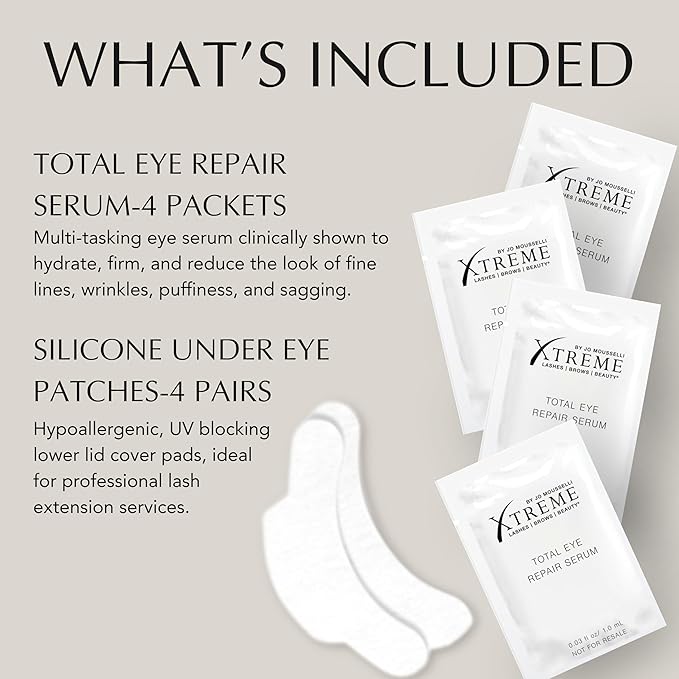 Xtreme Lashes Total Eye Rejuvenation Starter Kit, Total Eye Repair Serum 4 Sample Packets, Silicone Under Eye Patches 4 Pairs, Firming, Hydrating, Smoothing Eye Treatment System