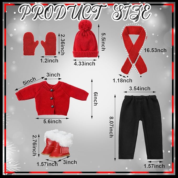 6 Pcs Christmas 18 Inch Doll Clothes and Accessories Winter Outfits Set Sweaters Trousers Hats Shoes for 18 Inch Doll Gift(Dark Red,Classic Style)