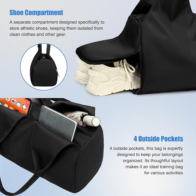 Forestfish Yoga Gym Bag For Women With Shoes Compartment & Wet Dry Storage Pockets Lightweight Duffel Bag, Black
