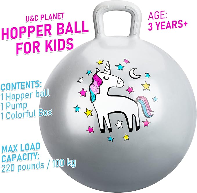 U&C Planet Hopper Ball 18 inches Bouncy Ball with Handle for Kids Age 3-6 Hoppity Hop Sit and Bounce Jumping Hopping with Pump and Gift Box Great Gift for Birthday Christmas, Silver