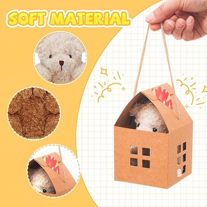 10 Pcs Mini Bears Plush Stuffed Small Fuzzy Bulk Animal Doll, Curly Teddy Bear Party Favors Valentine's Day Gift Toys with Paper Houses for Kids' Birthday Party Supplies(Brown, Apricot)